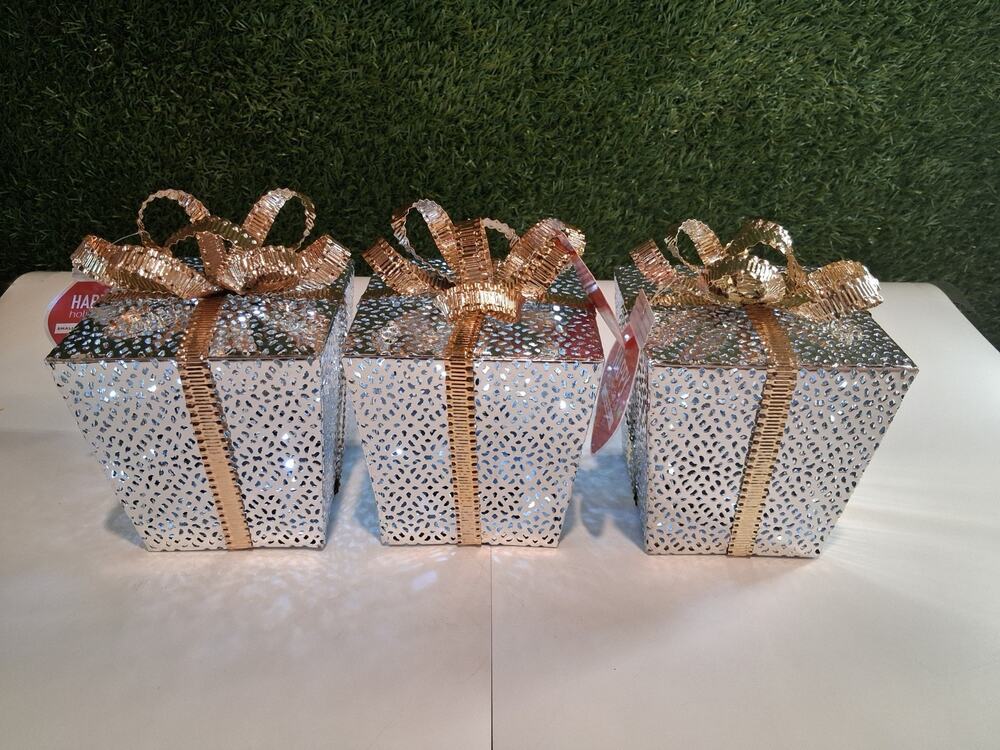 Set of 3 Lighted Metal Christmas Gift Box Decor Silver Gold Holiday Tabletop